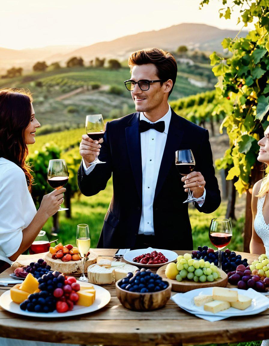 A luxurious wine tasting event set in a soft golden sunset, surrounded by lush vineyards. Show elegant glasses filled with deep red and white wines on a beautifully laid table with gourmet cheeses and fruits. A connoisseur in stylish attire gestures passionately while discussing the vintages, with rolling hills in the background. Rich, warm tones to evoke a sense of sophistication. super-realistic. vibrant colors. 3D.