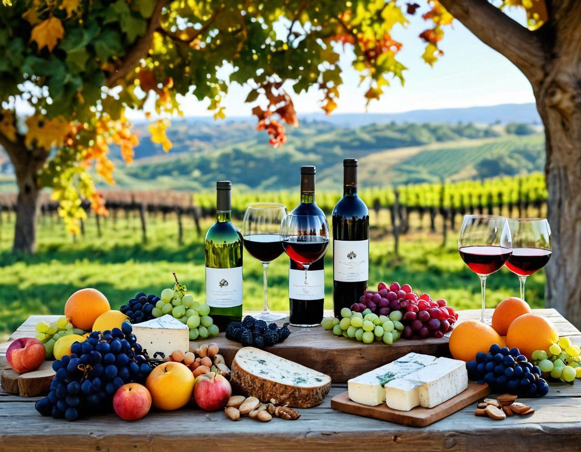 A rustic wooden table adorned with a variety of wine glasses filled with different colored wines, surrounded by seasonal fruits, cheese platters, and herbs reflecting the seasons. In the background, a blurred vineyard under soft sunlight, with vibrant autumn leaves and blooming spring flowers in the foreground. A whimsical banner displaying the blog title elegantly integrated into the scene. super-realistic. vibrant colors. softfocus.