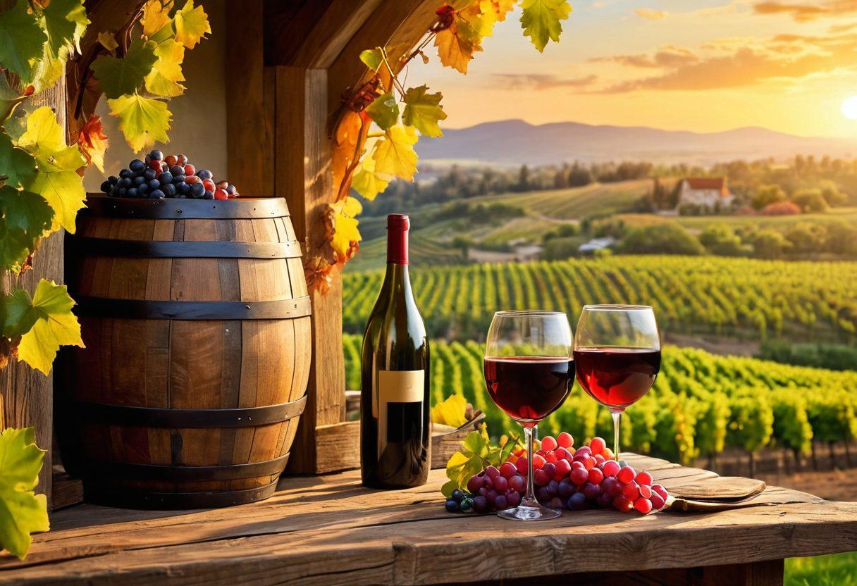 A picturesque vineyard landscape with rows of lush grapevines under a golden sunset, featuring a rustic wooden wine barrel in the foreground filled with fresh grapes, and a glass of red wine reflecting the vibrant colors of the sky. Include an elegant winery in the background, with a bottle of wine and tasting glasses on a rustic table. The scene should evoke a sense of warmth and celebration. super-realistic. vibrant colors.